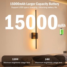15000mAh Battery Operated Wall Sconce Set of 2, Black USB Rechargeable Wall Sconces Set of Two, Dimmable Cordless Wall Sconces with Remote Control, LED Wireless Wall Light Lighting Time 24-120 Hours