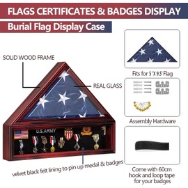 Tieeqe Large Military Shadow Box Solid Wood Burial Flag Display Case for American Veteran Flag Display Fit a Folded 5'x9.5' Flag Military Flag Display Case, Mahogany Finish