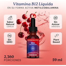 Vitamina B12 - Metilcobalamina - Sublingual - Líquida En Gotas - 2360 porciones - Suplementos Alimenticios - Sin Azúcar - Sabor Cereza Orgánica - Plant Based, Sin GMO - 100% Natural