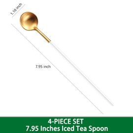 7.95 Inches Satin Gold Stainless Steel 18/10 Iced Tea Spoons With White Handle,Set Of 4 Ice Teaspoons,Long Handle Coffee Stirring Spoons,Sundae Spoon For Mixing