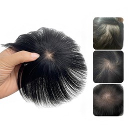 RENLIGUOJI Men's Black Wig, Partial Wig, 100% Human Hair, Thin Hair, Conceals Gray Hair, Cover, Ultra Lightweight, Breathable, Clip Type, For Daily Use, Medical Use, Point Wig, Conceals Bald Top, Hair Extension, Net Size: 3.5 x 3.5 inches (9 x 9 cm) (Hair Length: 6.7 inches (17 cm), Black)
