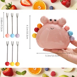 Crab Fruit Forks & Dessert Fork Set with Cute Ceramic Holder - Stainless Steel Mini Forks for Appetizers, Fruits, and Sweets, Safe for Kids, Fruit Picks, Food Picks Set (Pink)
