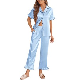 Ekouaer Silk Pajamas for Women Satin Short Sleeve Pajamas Set with Ruffle 2 Pieces Button Down Tops and Pants Light Blue