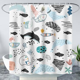 AILONEN - Cortina de ducha con delfín de dibujos animados, juego de cortinas de baño Kawaii con delfín de animales del océano para niños y niñas, cortinas de ducha de tela con silueta de delfín azul