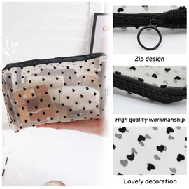 WisePoint Travel Makeup Bag 3pcs, Nylon Makeup Pouch Cute Cosmetic Travel Bag with Heart Print, Mesh Zipper Pouch Bags Portable Small Makeup Bag Cosmetic Bags for Women and Girls (3)