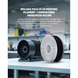 Inslogic PA12-CF Carbon Fiber Filament 1.75mm, High Strength Nylon Filament for 3D Printing, 260-280°C Print Temp, Low Warp & Wear Resistant, Ideal for Functional Parts, 0.25KG Refill, Black