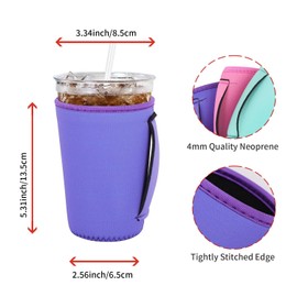 4Pack Reusable Iced Coffee Sleeve Insulator Sleeves for Cold Drinks Beverages, Neoprene Cup Holder for Most Coffee, Fits 22-24oz Medium Cups (Solid Color with Handle)