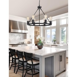 L LOHAS LED Black Farmhouse Chandeliers for Dining Room, 6-Light Wagon Wheel Chandelier Over Table, Height Adjustable, 19" Dining Room Light Fixtures, Modern Chandelier for Kitchen Island Living Room