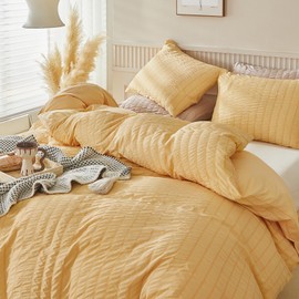 WARMDERN Duvet Cover Set Queen Size, 3pcs Washed Microfiber Mustard Yellow Bedding Set, Soft Breathable Striped Textured Seersucker Duvet Cover with Zipper Closure & Corner Ties(Mustard Yellow, Queen)