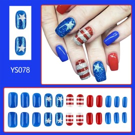 Red Blue Independence Day False Nails Glitter 4th of July Star Press on Nails Medium Square Patriotic Glue on Nail Mirror Stripe Acrylic Nail for Women