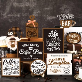 Thyle 16 Pcs Coffee Tiered Tray Decor Set Coffee Bar Wooden Signs Rustic Coffee Decorations Farmhouse Coffee Table Ornament for Coffee Station Bar Tray Shelf