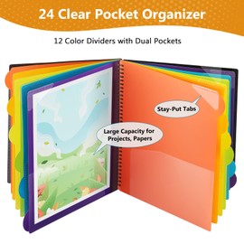 KTRIO 24 Pocket Poly Project Organizer, Spiral Binder Organizer Multi Pocket Folder with Dividers, Back Cover Utility Pouch, Letter Size School Supplies