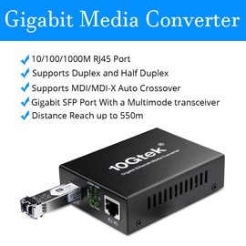 A Pair of Gigabit Multi-Mode LC Fiber Media Converter, with 2 Pcs SFP SX Modules, Fiber to Ethernet Converter, 1000Base-SX to 10/100/1000M RJ45, MMF, 850nm, up to 550m