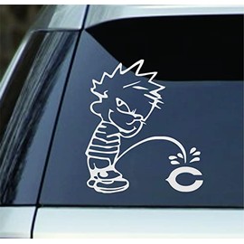 White 5.5" Calvin Peeing Piss Pissing On The Bears Window Sticker Decal – Good for Cars, Trucks, laptops, lockers etc