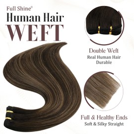 Full Shine Sew in Hair Extensions Human Hair 20 Inch Straight Weft Hair Extensions Color 2 Fading To 8 Ash Brown Mixed 2 Brown Hair Weft Bundles Remy Hair Balayage Sew in Weft 100 Grams