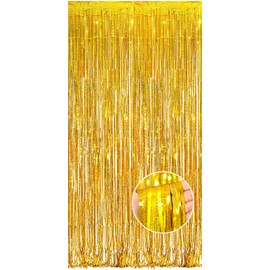 NAVK Gold Tinsel Party Decorations Foil Fringe Curtain, Sparkle Metallic Streamers for Birthday Party Wedding Backdrop-1x2.5m