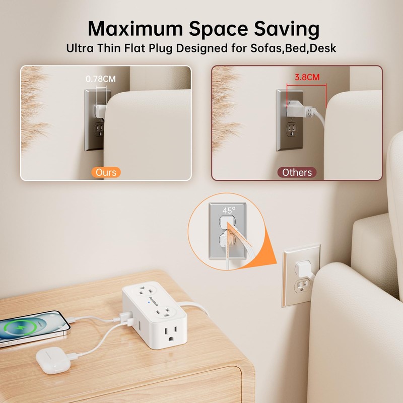 10FT Ultra Thin Flat Power Bar, SMALLRT Small Flat Plug