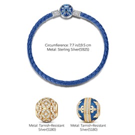 GONA Sterling Silver Charms Bracelet Set S925 Guardian Universal Blue Leather Butterfly Dance Tarnish-Resistant Jewelry 5A White Cubic Zirconia With Enamel In 14K Gold Plated for Women 7.7in/19.5cm