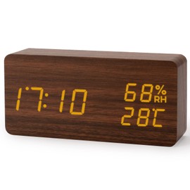 Virklyee Wecker aus Holz digital, 12/24HR, 3 Stufen einstellbar Helligkeit, 3 Alarmsätze können eingestellt Werden, Anzeige von Temperatur/Luftfeuchtigkeit/Datum, Mit USB-Ladeanschluss(Dunkelbraunes)