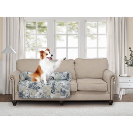 Brilliant Sunshine Blue Toile Large Pet Couch Sofa Bed, Quilted, Slip Resistant, Washable Couch Protector with Removable Bolster Cushions, Furniture Cover for Pets, Dogs, Cats, Large, Blue Beige