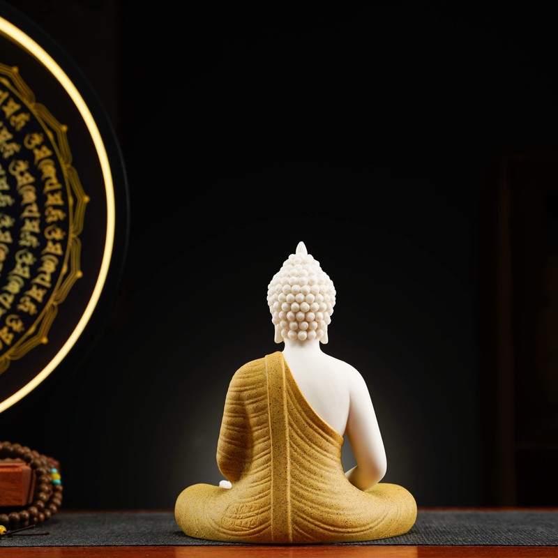 Houlu Yellow Buddha Statue and Circle LED Table Lamp, Ceramic