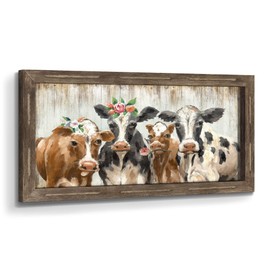 Wooden Funny Cow Art Painting: Large Rustic Farmhouse Theme Framed Wall Decor Cute Farm Animal Artwork Prints Flower Crown Cattle Picture for Home Office Bedroom Living Room Decoration 40x20 inch