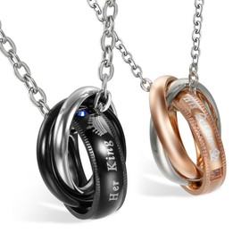 Oidea Stainless Steel His Queen Her Cubic Zirconia Matching Ring Pendant Necklace for Couples Wedding Anniversary Promise Gift