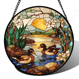 AMDERVEN Stained Glass Window Hanging, Ducks in The Pond Sun Catcher for Door Home Decor Landscape Plant Suncatcher Christmas Mother's Day Birthday Gifts for Women Men Mom Nana 6.3 in