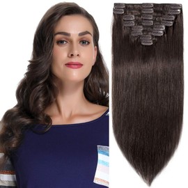 16 inch 90g Clip in Remy Human Hair Extensions Full Head 8 Pieces Set Long length Straight Very Soft Style Real Silky for Beauty #2 Dark Brown