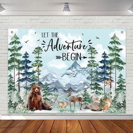 Avezano Woodland Baby Shower Backdrop Woodland Animals Baby Shower Decorations Adventure Forest Mountain Wilderness Photography Background Let The Adventure Begin Banner (7x5ft, Blue)