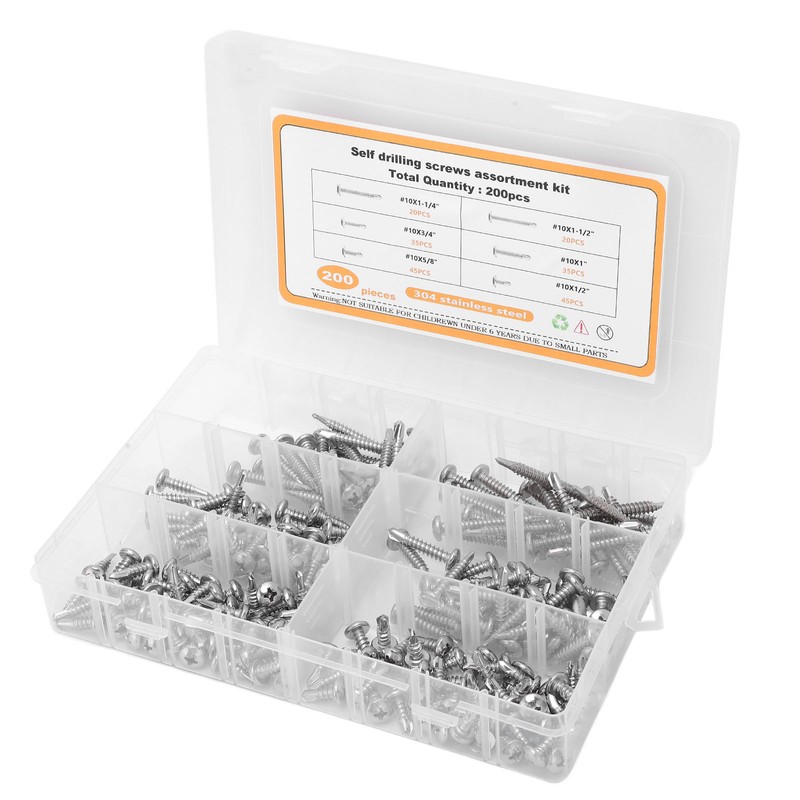 200PCS Round Head Cross Screws 304 Stainless Steel Self Drilling