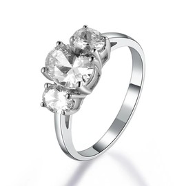 Luxury Jewerly Sterling Silver 2.41CT Oval Cut NSCD Simulated Diamond Ring for Women 3 Stones Rings 18K White Gold Plated