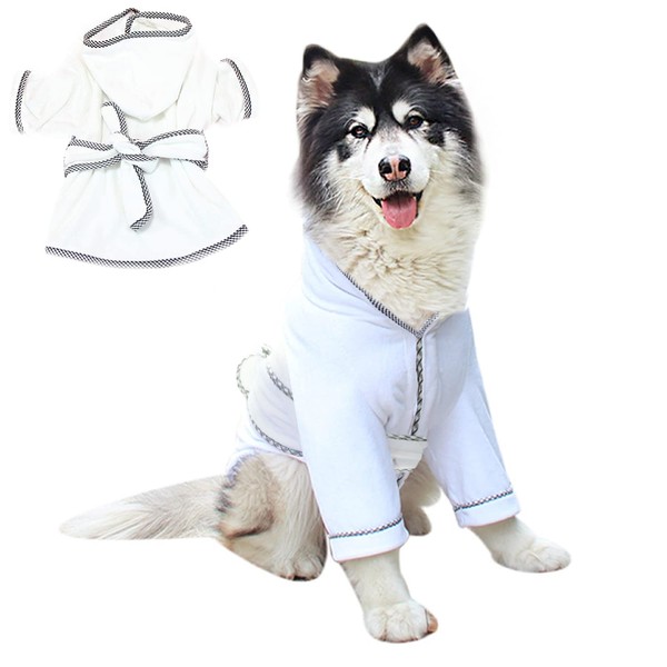 Dog Bathrobe, Microfiber Fast Drying Absorbent Hooded Bath Towel White