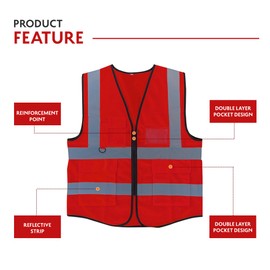 Vasego - Hi Visibility Executive Reflective Safety Vest for Men & Women with Multi pockets with zipper -Class 2 Utility High Viz vest for adults with reflective strips (Red, L)