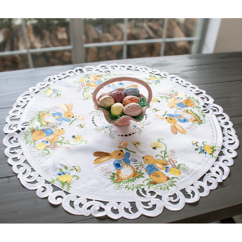 Easter Bunny Table Topper, Round Decorative, White with Floral Pattern