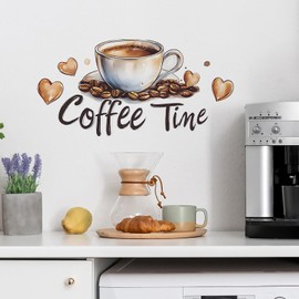 Coffee Cup Wall Stickers Coffee Time Wall Decals Peel and Stick for Kitchen Vinyl Removable Wall Decor for Home Cafe Shop Coffee Station Bar Pub Office