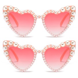 LJCZKA Luxury Love Pearl Sunglasses Women Heart Shaped Cat Eye Sun Glasses Party Festival Shimmering Bling Eyewear (PinkGraPink+PinkGraPink)