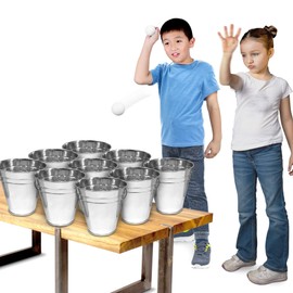 Gamie Bucket Ping Pong Ball Game Includes 9 Metal Buckets, 12 Balls, and 1 Number Sticker Sheet - Fun Party Activity for Kids and Adults, Carnival Games for Kids
