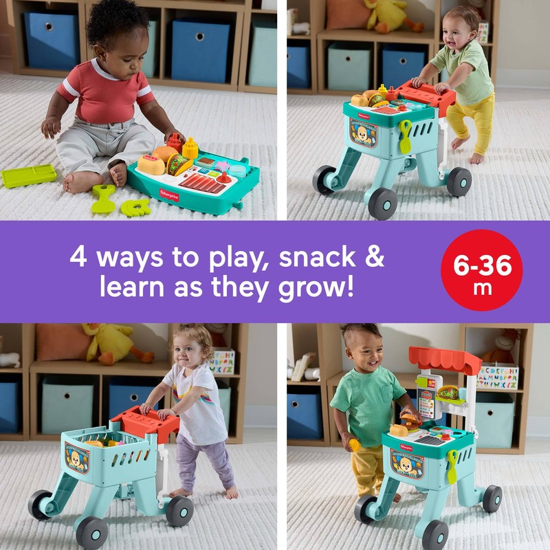 Fisher-Price Baby Push Toy 4-in-1 Snack Cart Walker Learning Activity,
