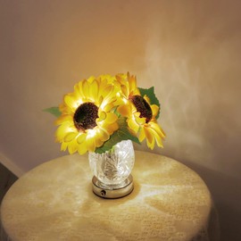 Siluyado Sunflower Crystal Lamp, Sunflower Gifts for Women, Artificial Flowers Table Lamp, Sunflower Decor Flower Lamp with Glass Vase, Rechargeable Night Light for Bedroom Home Decor-A