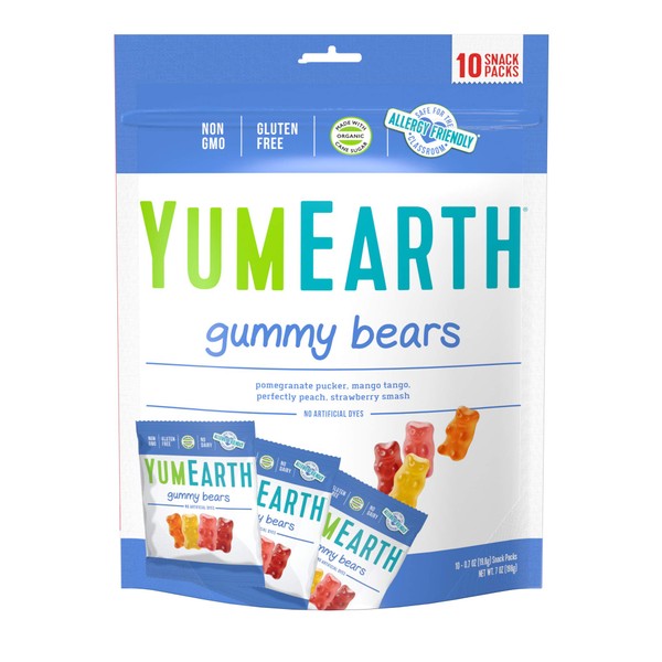 YumEarth Gummy Bears, Assorted Flavors, 10 Snack Packs Per Bag (Pack of 12)