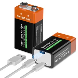 JUBOTY 9V Battery, 3800mWh Rechargeable 2025 New Upgraded Batteries Li-Polymer Rechargeable Household Batteries with Type-c Charging Cable (Black+Orange, 9V Battery, 2PCs, A)