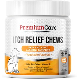 Premium Care Itch Relief for Dogs - 120 Allergy Chews for Dogs - Anti Itch Seasonal Support for Pets Itchy Skin Relief Skin Health Support with Colostrum, Vitamin C, Omega and Bee Pollen