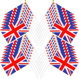 100 Pcs British Stick Flags British Union Flags 5 x 8 Inch Coronation Souvenir Decorations Handheld Mini UK Flag White Red Blue Hand Waving Flag with 12 Inch Plastic Pole Spear Tip