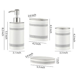 Motifeur Bathroom Accessories Set, 4-Piece Ceramic Bath Accessory Complete Set with Lotion Dispenser/Soap Pump, Tumbler, Soap Dish and Toothbrush Holder (Rhinestones, White)