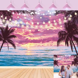 Summer Beach Sunset Backdrop Hawaiian Tropical Palm Trees Seaside Pink Sky Photography Background Sunset Ocean Wedding Baby Shower Birthday Luau Party Decorations Photo Booth Props (7x5FT)