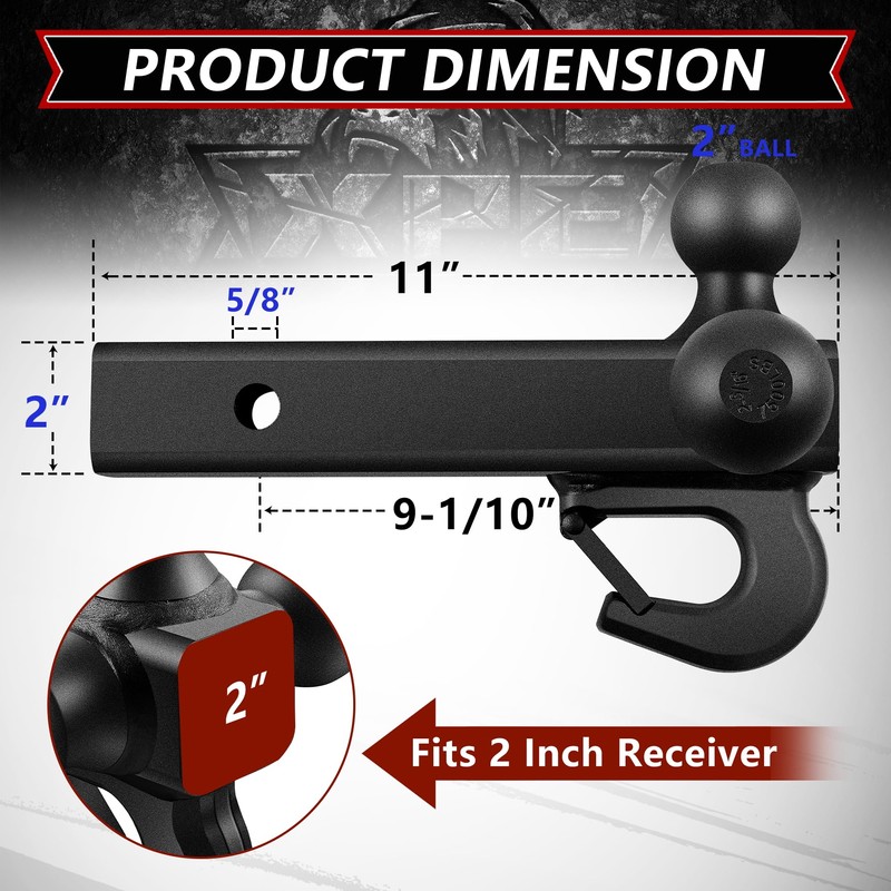 Trailer Hitch Tri Ball Mount with Hook,Fits 2” Hitch Receiver,1-7/8",