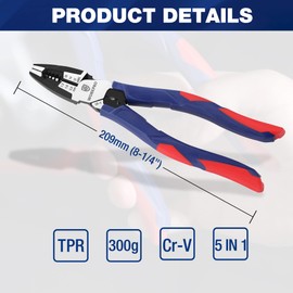 WORKPRO 5-in-1 Combination Pliers with Wire Stripper/Crimper/Cutter/Spanner | 8 inch Linesman Pliers for 16-12 AWG (1.3-2.0mm) Wire | Cr-V Multi Hand Tools for Electrician