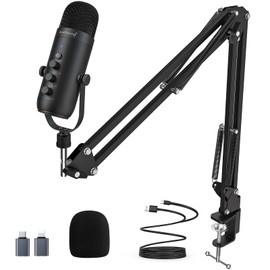 ZealSound ZealSound Gaming Microphone Kit,Podcast Condenser USB Mic with Boom Arm,Supercardioid Microphone with Mute Button,Echo Volume Gain Knob,Adjust Monitor for Phone PC Computer (Black)