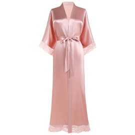 BABEYOND Satin Kimono Robe Silky Long Bridesmaid Wedding Lightweight Bath Robe with Lace Trim